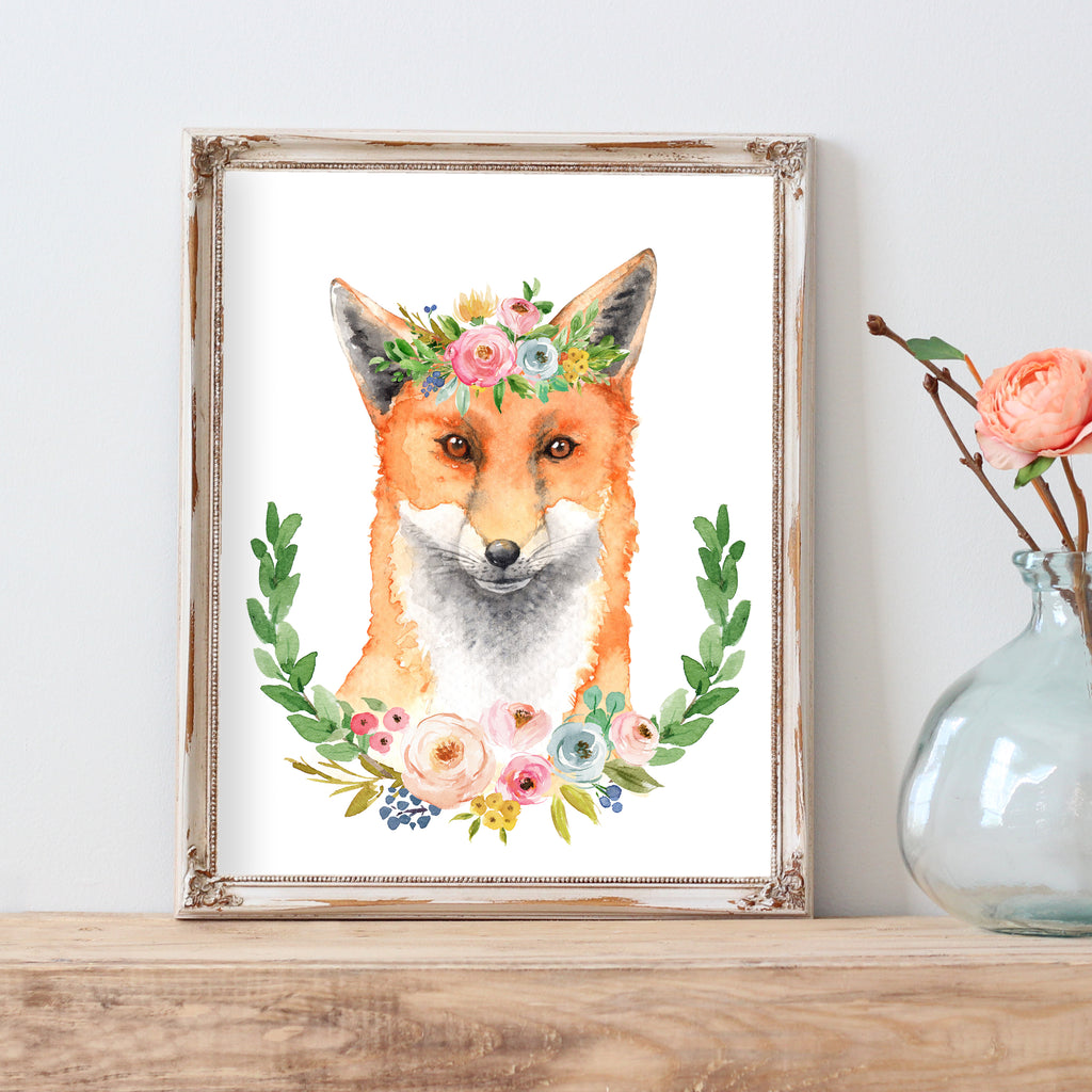 Boho Kids Wall Art - Watercolor Fox with Flower Crown - Fox Painting